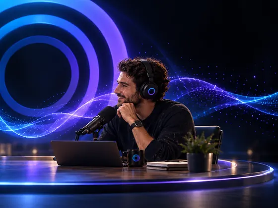 A guest in headphones listens and smiles across a round studio table lit in soft blue and violet.