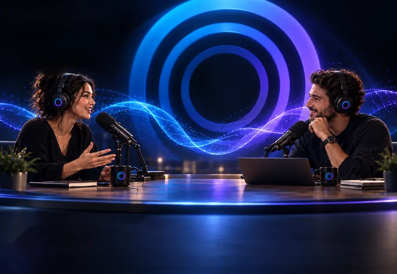 Two podcast hosts face each other across a round studio table, each at a microphone, with a ring of blue and violet light between them.
