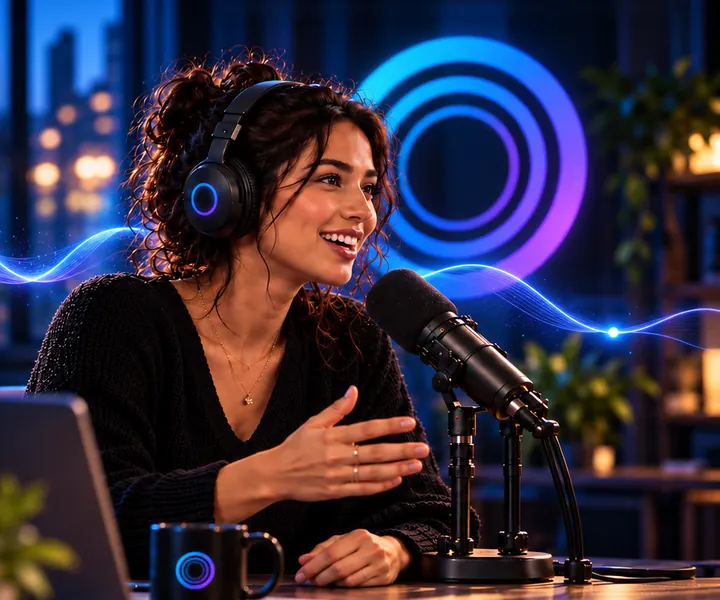 A podcast host in headphones smiles as she speaks into a studio microphone, city lights out of focus behind her.